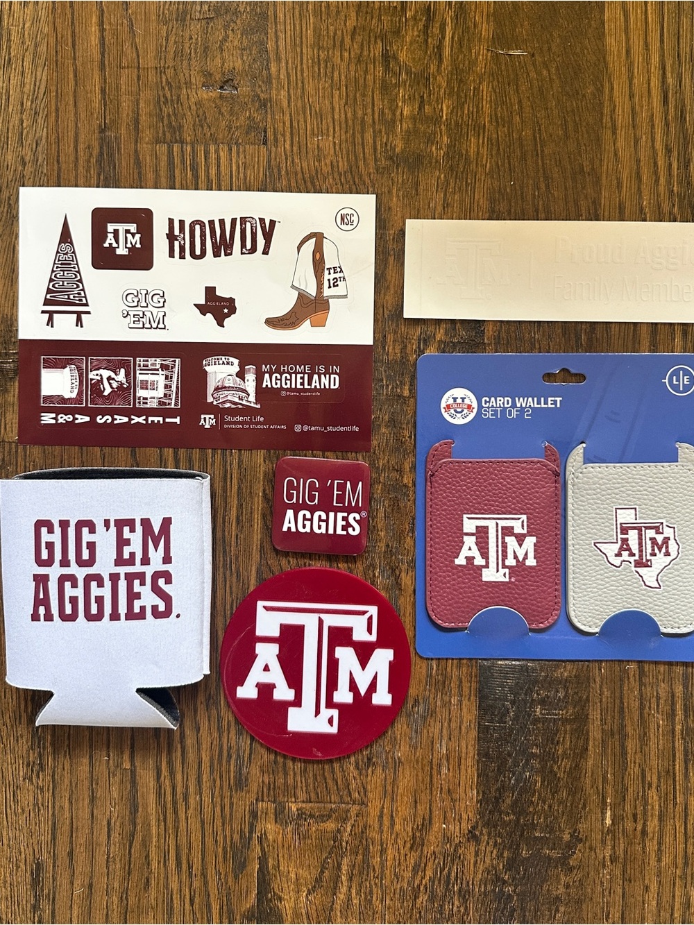 Texas A&M Aggies Sticker & Card Wallet Set - Maroon & White- Coaster Pin Decal